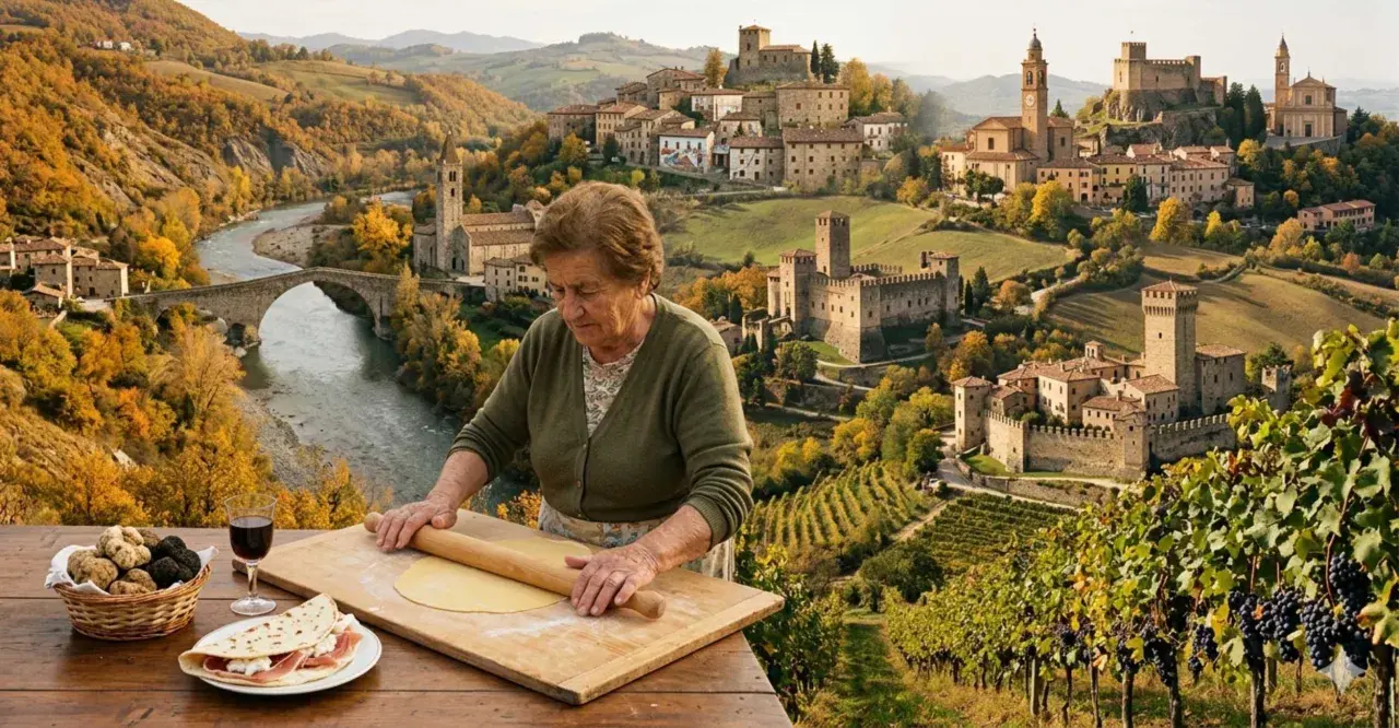 Nonna prepara la pasta con vista sui 5 borghi più belli dell'Emilia Romagna, tra castelli e vigneti autunnali.