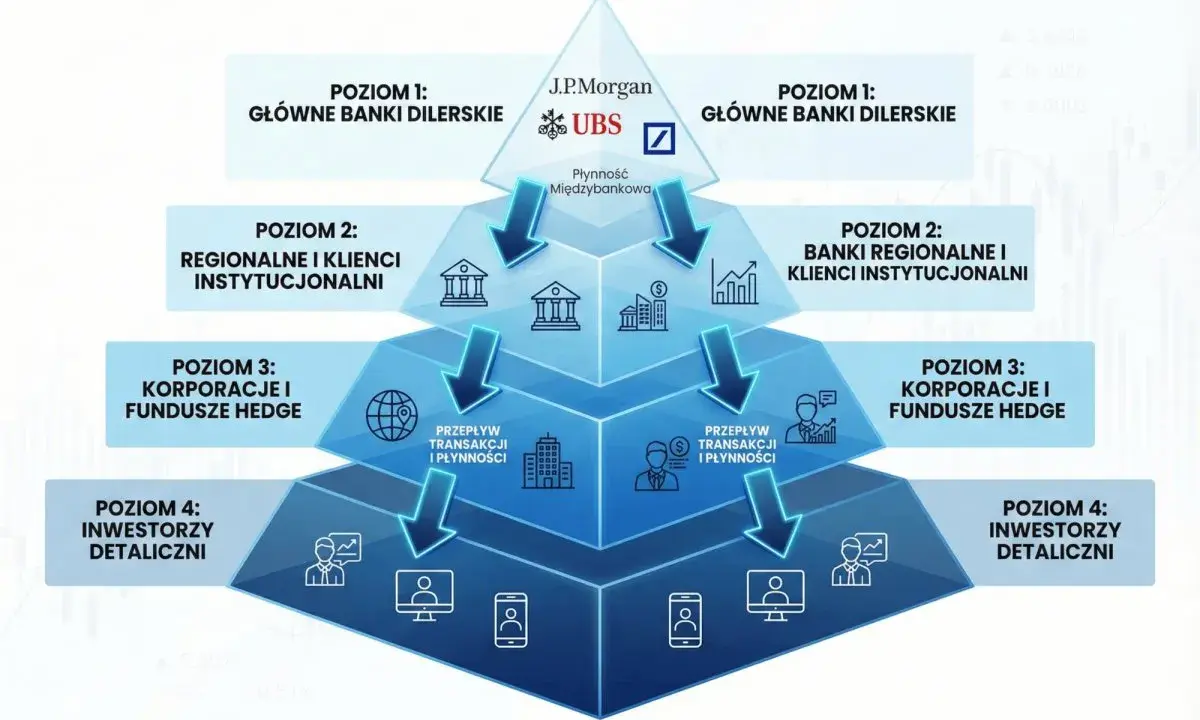 Schemat piramidy finansowej, pokazujący przepływy na otc giełdzie od głównych banków do inwestorów detalicznych.
