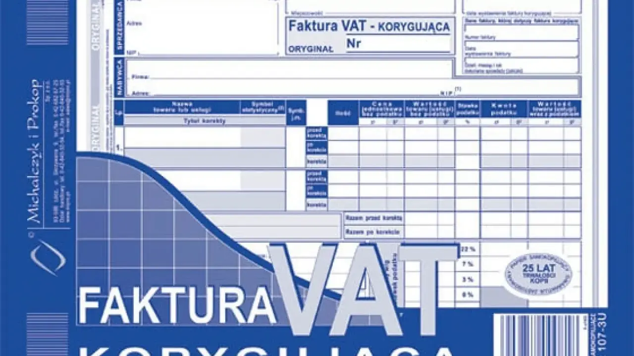 Formularz faktury korygującej VAT z polami do wypełnienia danych sprzedawcy, nabywcy i szczegółów korekty.