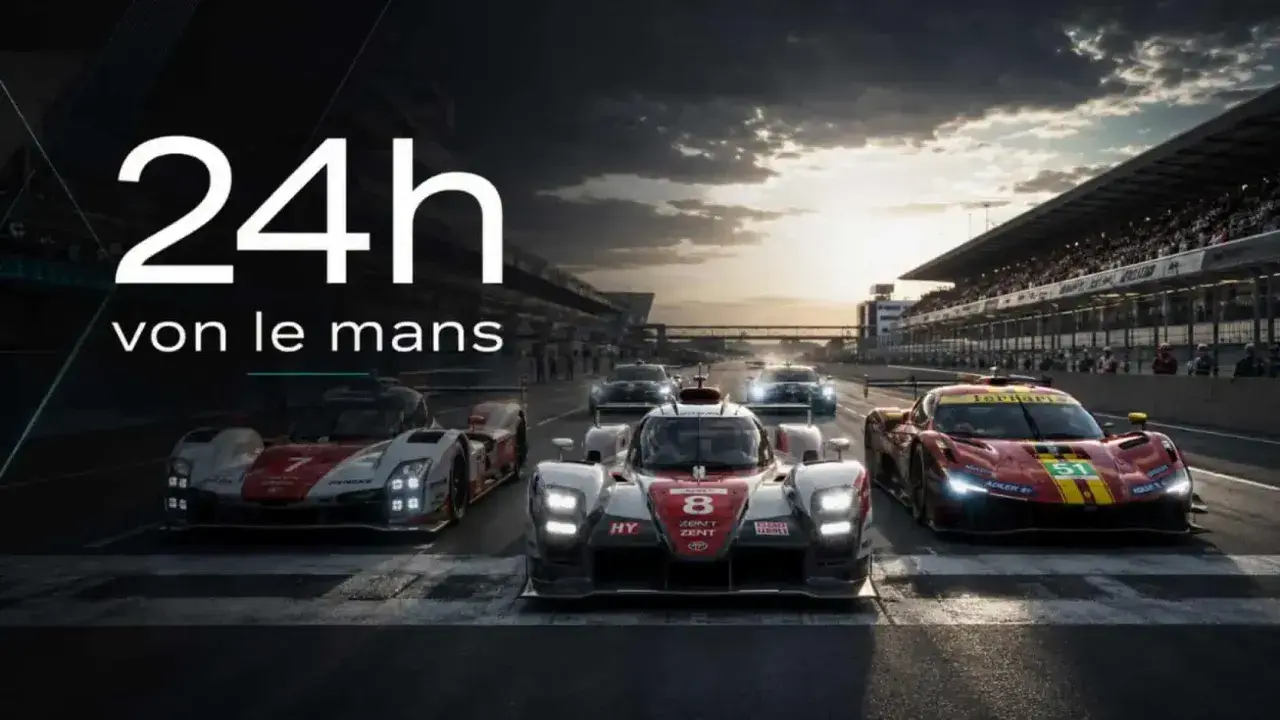 Le Mans Autos: Mehrere Rennwagen stehen bereit für das 24-Stunden-Rennen. Die Sonne geht unter und wirft lange Schatten auf die Rennstrecke.