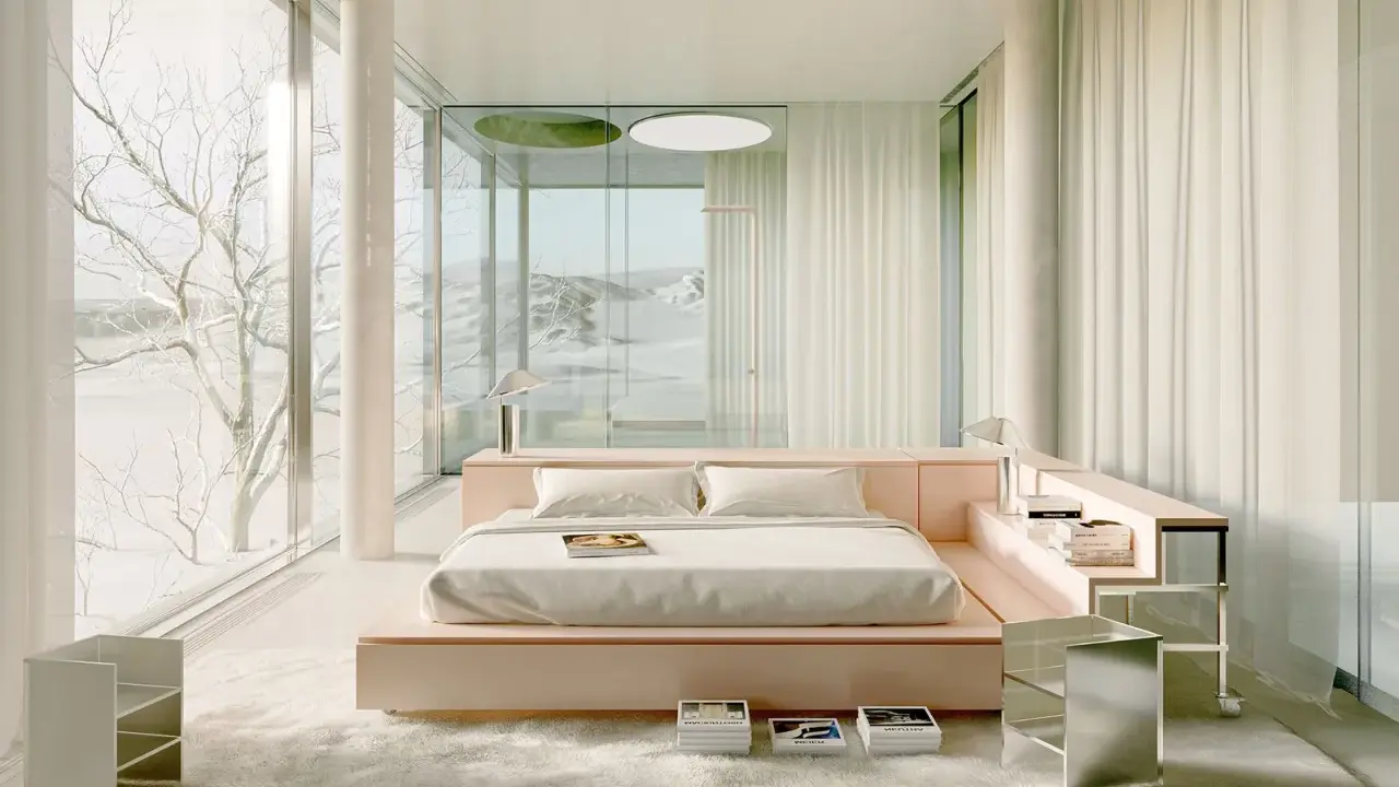 Ein minimalistisches Schlafzimmer mit einem rosafarbenen Bett, inspiriert von Andres Reisinger, und einem atemberaubenden Blick auf eine verschneite Landschaft.