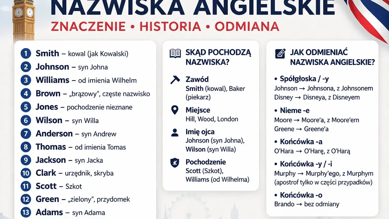 Najpopularniejsze oryginalne angielskie nazwiska: Smith (kowal), Johnson (syn Johna), Williams, Brown, Jones, Wilson, Anderson, Thomas, Jackson, Clark, Scott, Green, Adams, Baker.