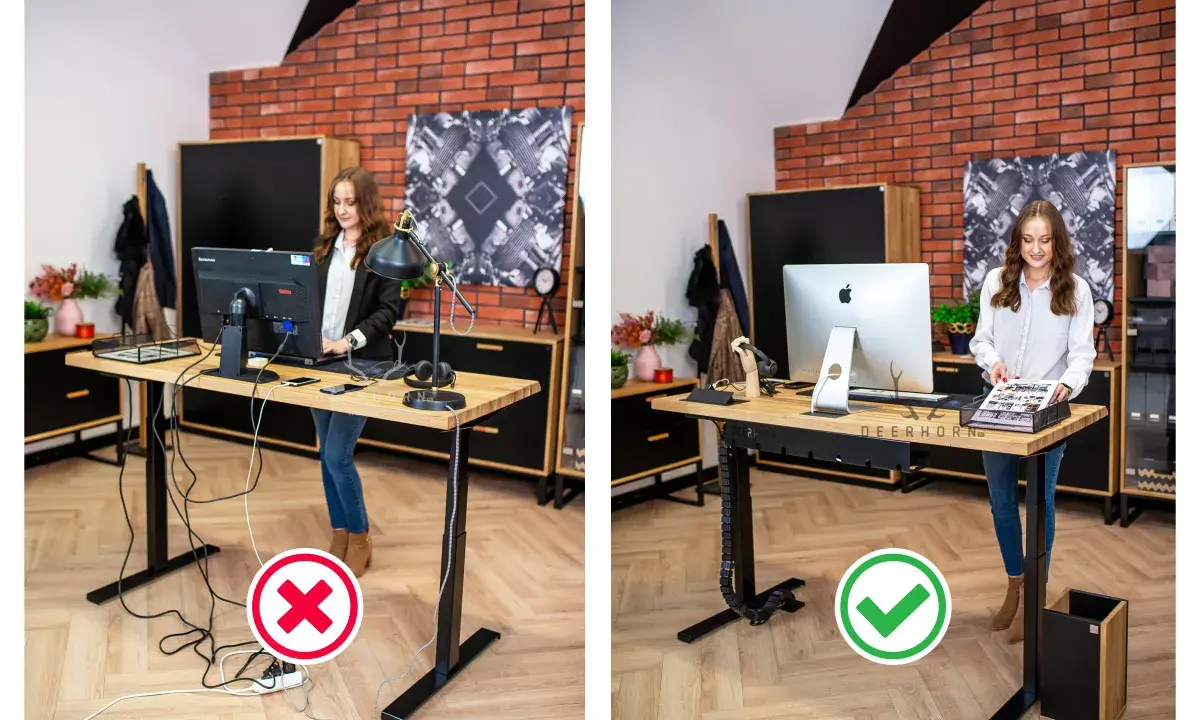 Feng shui schreibtisch: Chaos mit Kabeln (links) vs. Ordnung und Harmonie (rechts). Ein aufgeräumter Arbeitsplatz fördert Energiefluss und Wohlbefinden.