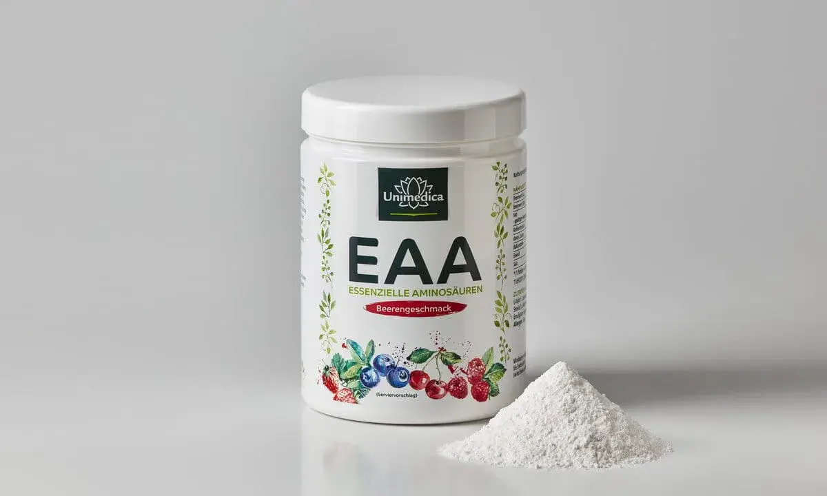 Unimedica EAA Beeren-Geschmack: Pulver für die Muskelregeneration. Die EAA Wirkung unterstützt den Körper optimal.
