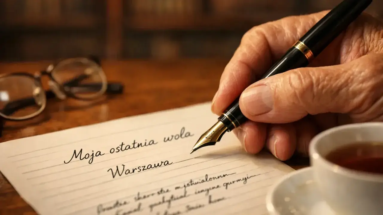 Dłoń pisze piórem na papierze "Moja ostatnia wola, Warszawa". Obok okulary i filiżanka herbaty.