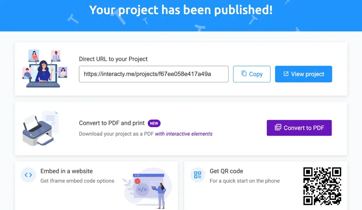 Il tuo progetto è pronto! Condividi la tua storia e crea memory online con un link, PDF o QR code.