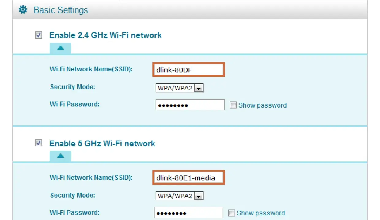 Router-Einstellungen: Wi-Fi-Netzwerkname (SSID) für 2,4 GHz ist "dlink-80DF", für 5 GHz ist "dlink-80E1-media".