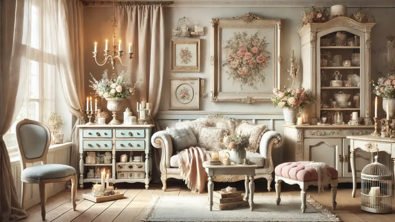 Salotto in stile shabby chic arredamento: divano, comò azzurro, armadio, quadri floreali, candele e tessuti morbidi creano un'atmosfera romantica.