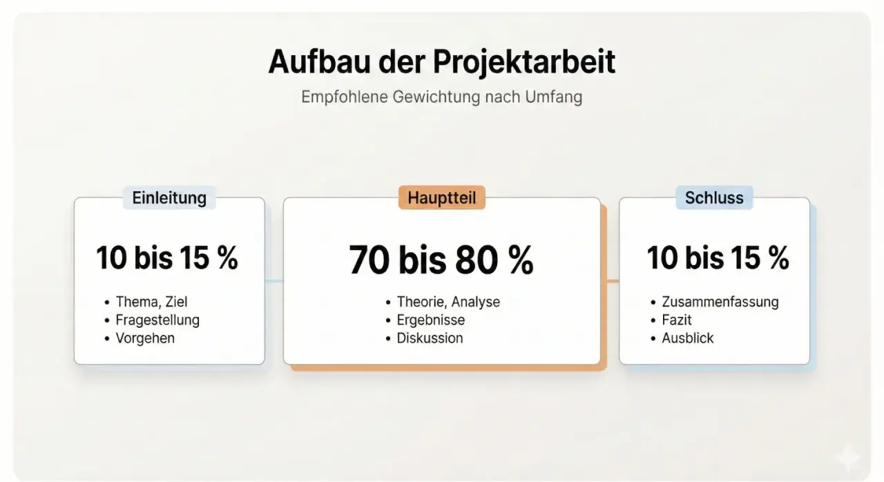 Aufbau der Projektarbeit: Einleitung (10-15%), Hauptteil mit Theorie, Analyse, Ergebnissen (70-80%), Schluss (10-15%).