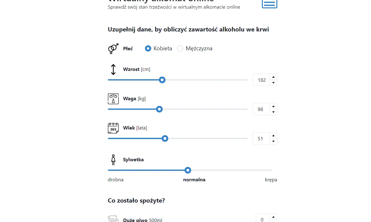 Wirtualny alkomat online pozwala sprawdzić, czy masz 0,19 promila w wydychanym powietrzu. Wpisz dane: płeć, wzrost, wagę, wiek i sylwetkę.