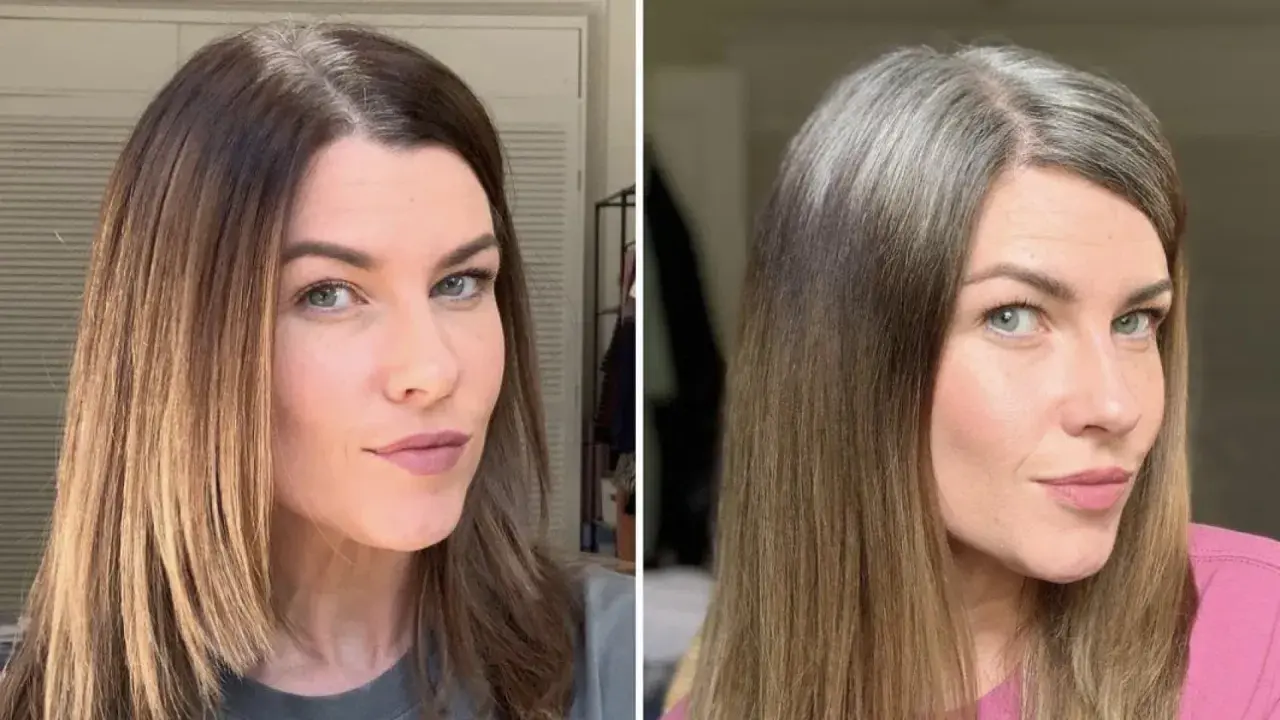 Frau lässt graue Haare rauswachsen. Links: Ansatz gefärbt, rechts: natürlicher grauer Ansatz.