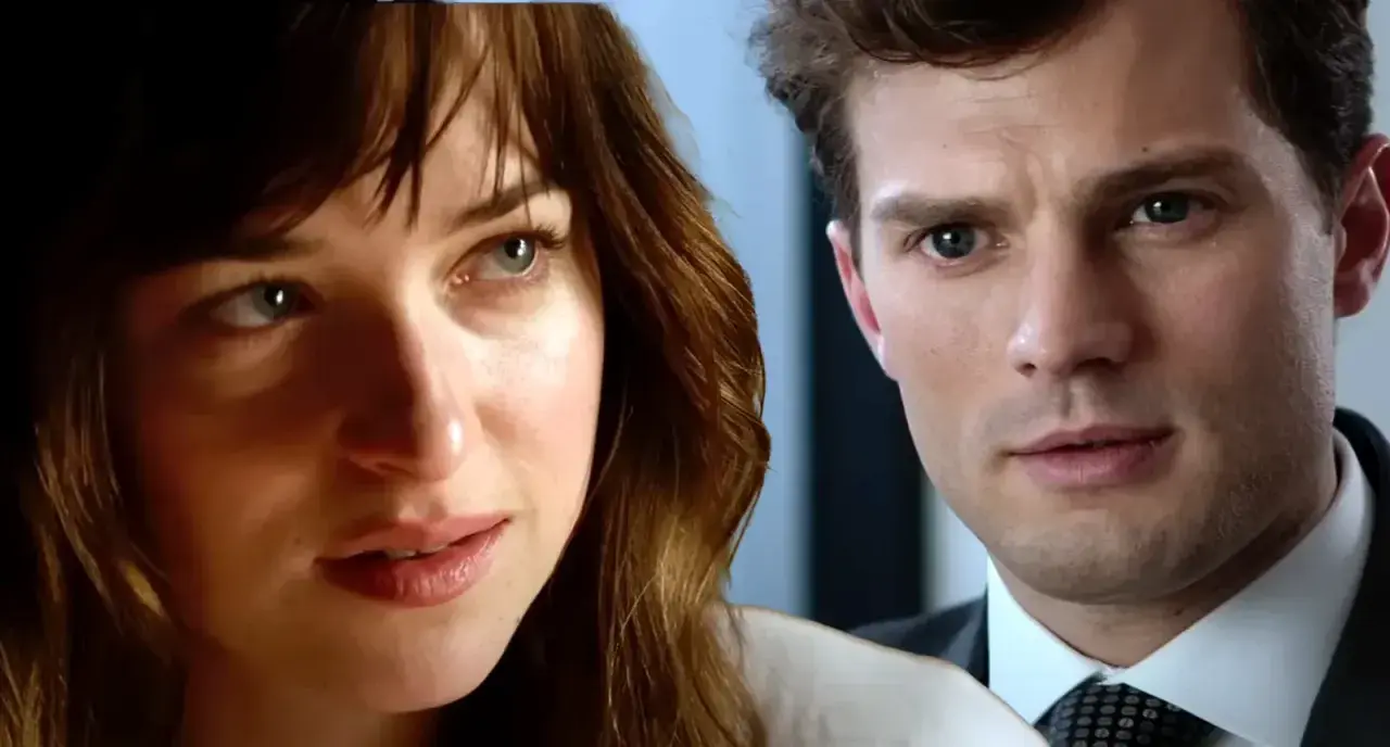 Primo piano di Anastasia Steele e Christian Grey, protagonisti di "50 sfumature di grigio trama", con sguardi intensi.