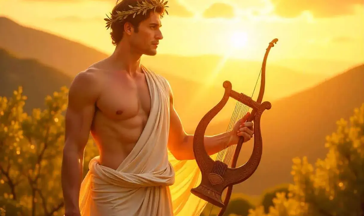 Apollon, Gott der Künste, trägt einen Lorbeerkranz und hält eine Lyra. Seine göttlichen Eigenschaften spiegeln sich im warmen Sonnenlicht.