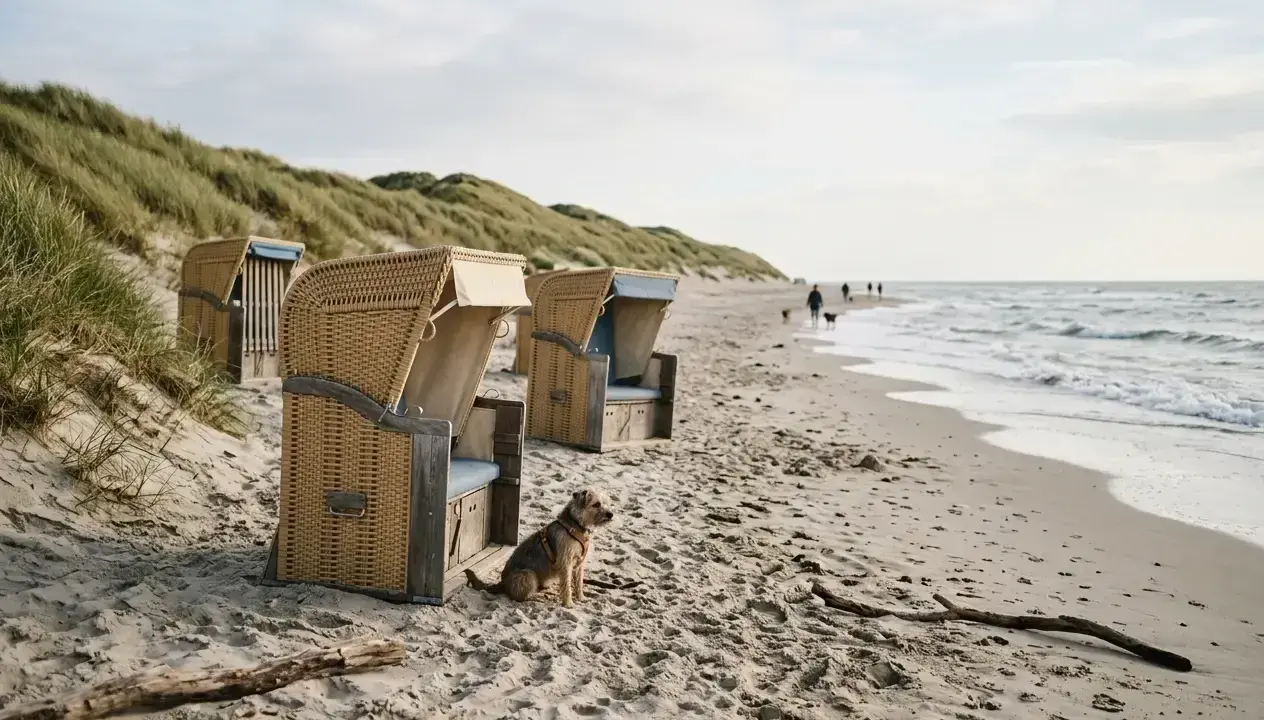 Ein kleiner Hund wartet geduldig am hundestrand nordsee neben Strandkörben. Im Hintergrund spazieren Menschen mit ihren Hunden am Meer.