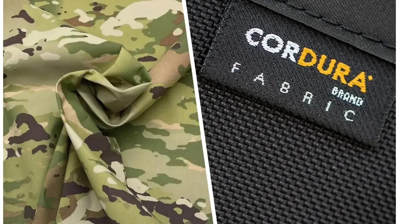 Dwa rodzaje materiału: jeden w kamuflażu, drugi czarny z widocznym logo CORDURA FABRIC.