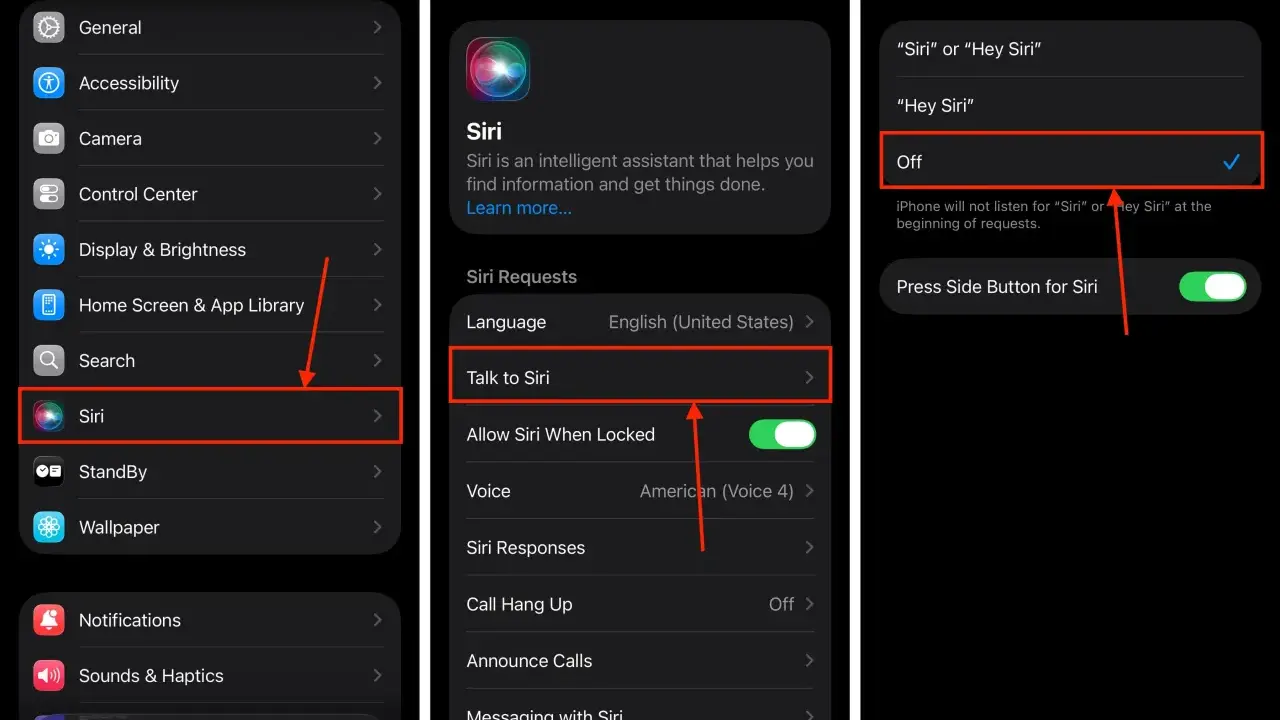 Jak włączyć Siri: w Ustawieniach wybierz Siri, a następnie "Talk to Siri". Upewnij się, że opcja "Off" nie jest zaznaczona.