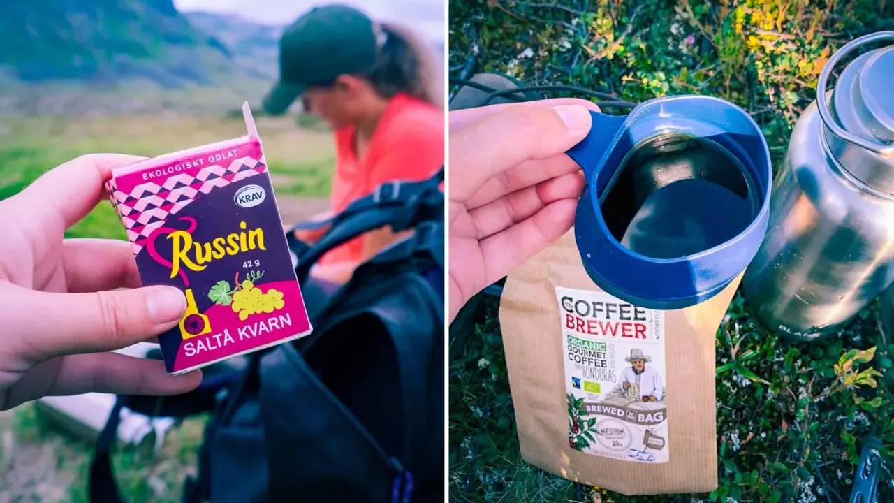 En paus under kungsleden vandring med russin och kaffe.