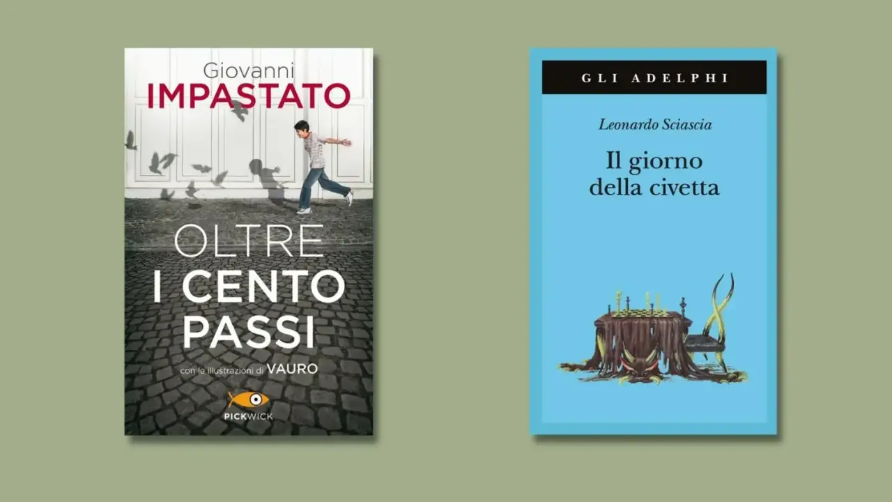 Due libri: "Oltre i cento passi" di Giovanni Impastato, che racconta la lotta alla mafia, e "Il giorno della civetta" di Leonardo Sciascia, un classico sui libri mafia.
