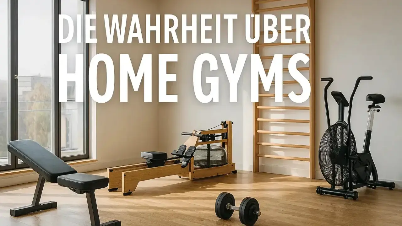 Ein stilvolles **Fitnessstudio zuhause einrichten**: Rudergerät, Hanteln, Air Bike und Trainingsbank für dein Workout.