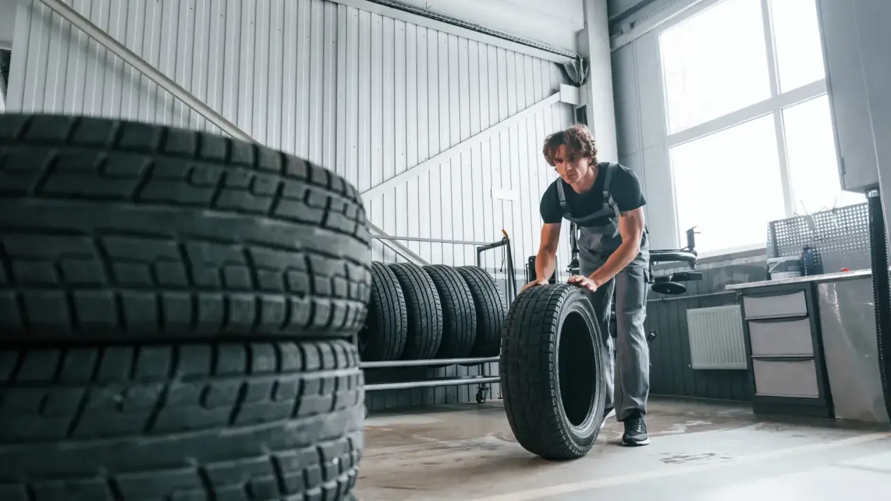 Mechanik w warsztacie przygotowuje opony zimowe przy 20 stopniach. Stosy opon czekają na wymianę.