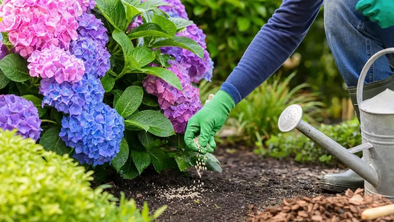 Maintenant, apprenons comment fertiliser une plante. Une main gantée disperse des granulés d'engrais au pied d'hortensias bleus et roses.