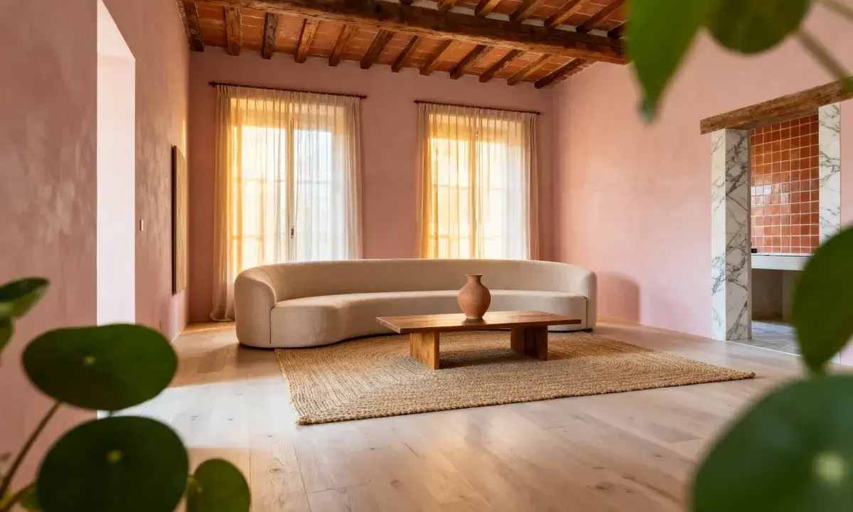 Salon aux murs roses, canapé courbe, table basse en bois et tapis en jute. Une ambiance douce et harmonieuse pour une maison feng shui.