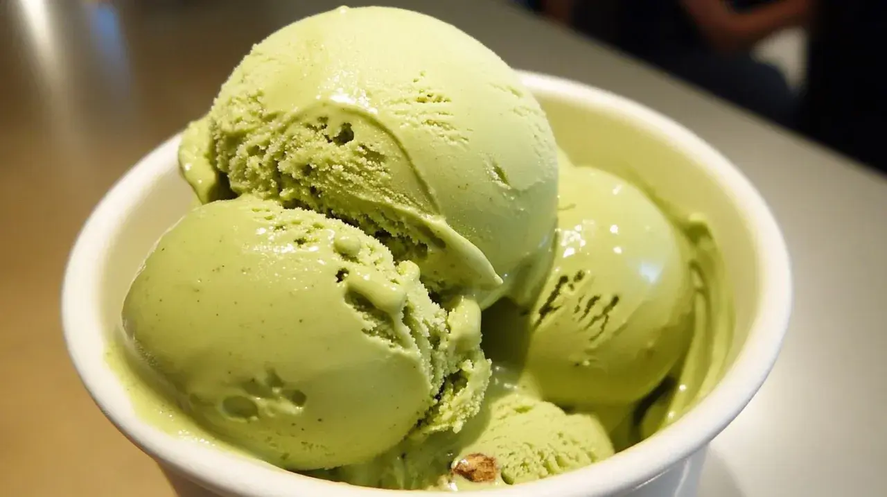Un tazón blanco lleno de cremoso helado de pistacho, con trozos visibles de pistacho en algunas bolas.