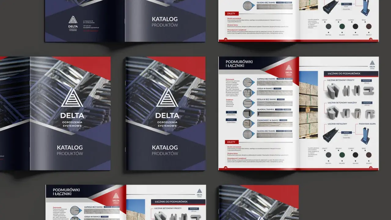 Projekt katalogu ogrodzeń systemowych DELTA. Zawiera podmurówki, łączniki betonowe i metalowe, podstawy słupów.