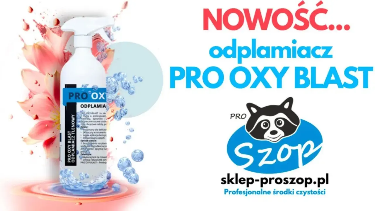 Biała butelka odplamiacza tlenowego PRO OXY BLAST na tle kwiatów i bąbelków.