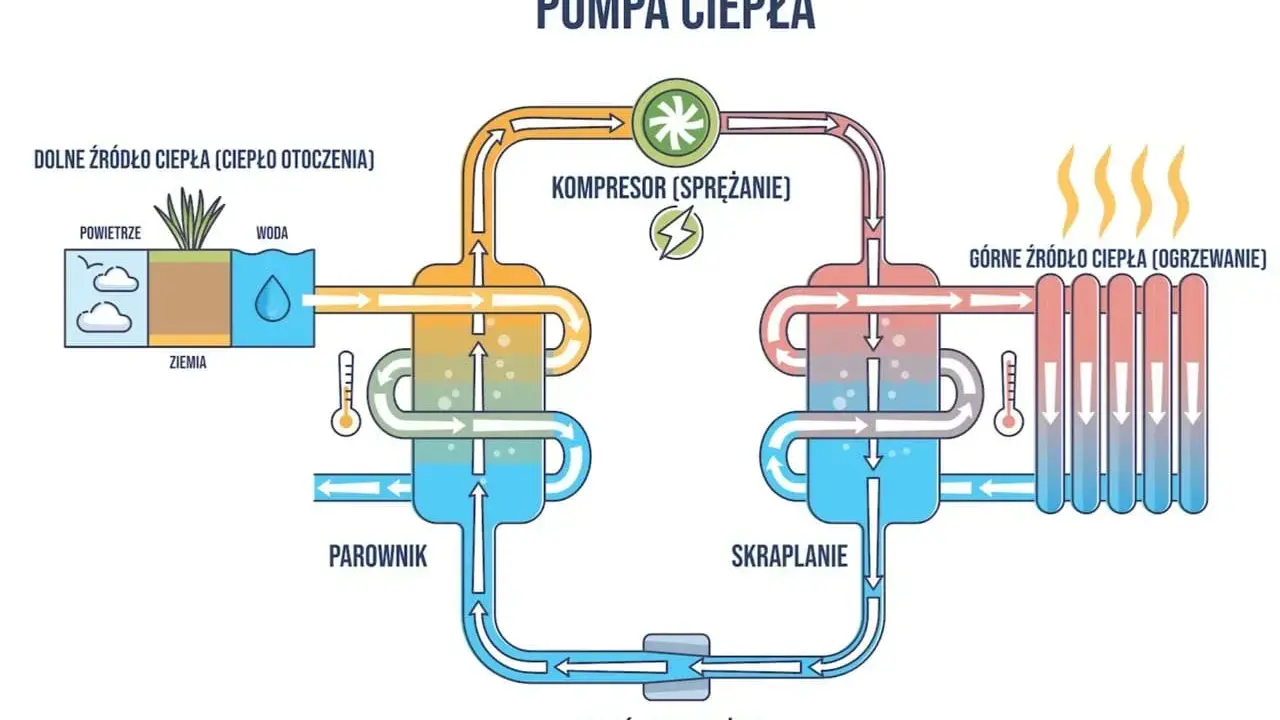 Schemat pompy ciepła: pobiera ciepło z otoczenia (powietrze, woda, ziemia), spręża je i oddaje do ogrzewania. Bezawaryjne pompy ciepła to przyszłość ogrzewania.