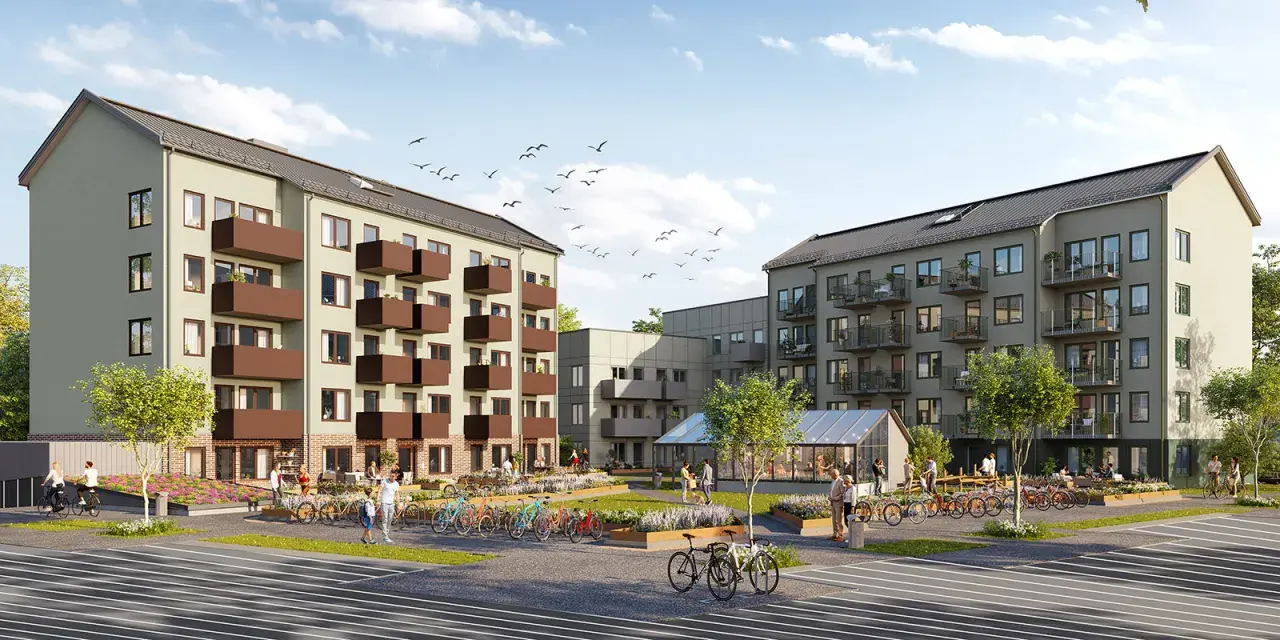 Nya Hovås: moderna lägenhetshus med balkonger, grönskande innergård med växthus och cyklar.