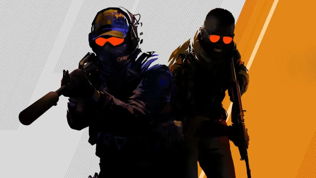 Dwóch żołnierzy z gry Counter-Strike 2, z pomarańczowymi okularami i bronią, gotowych do akcji.