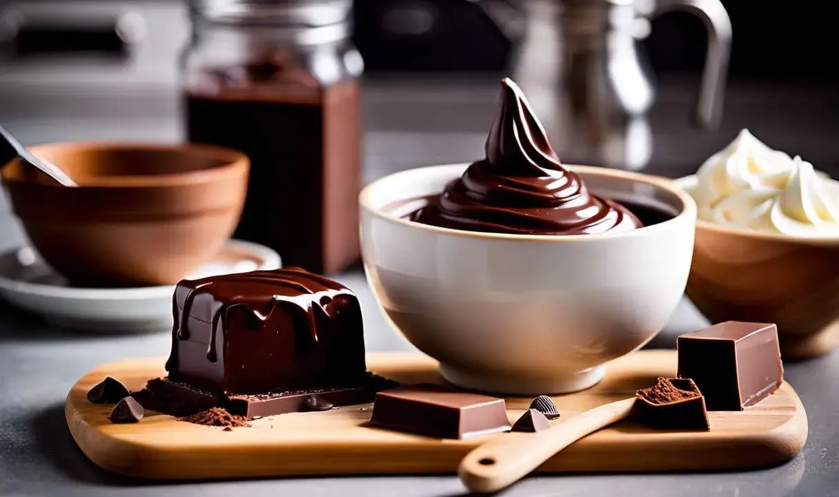 Un carré de chocolat nappé, une ganache onctueuse dans un bol, et de la crème fouettée. Une invitation à la recette ganache chocolat parfaite.