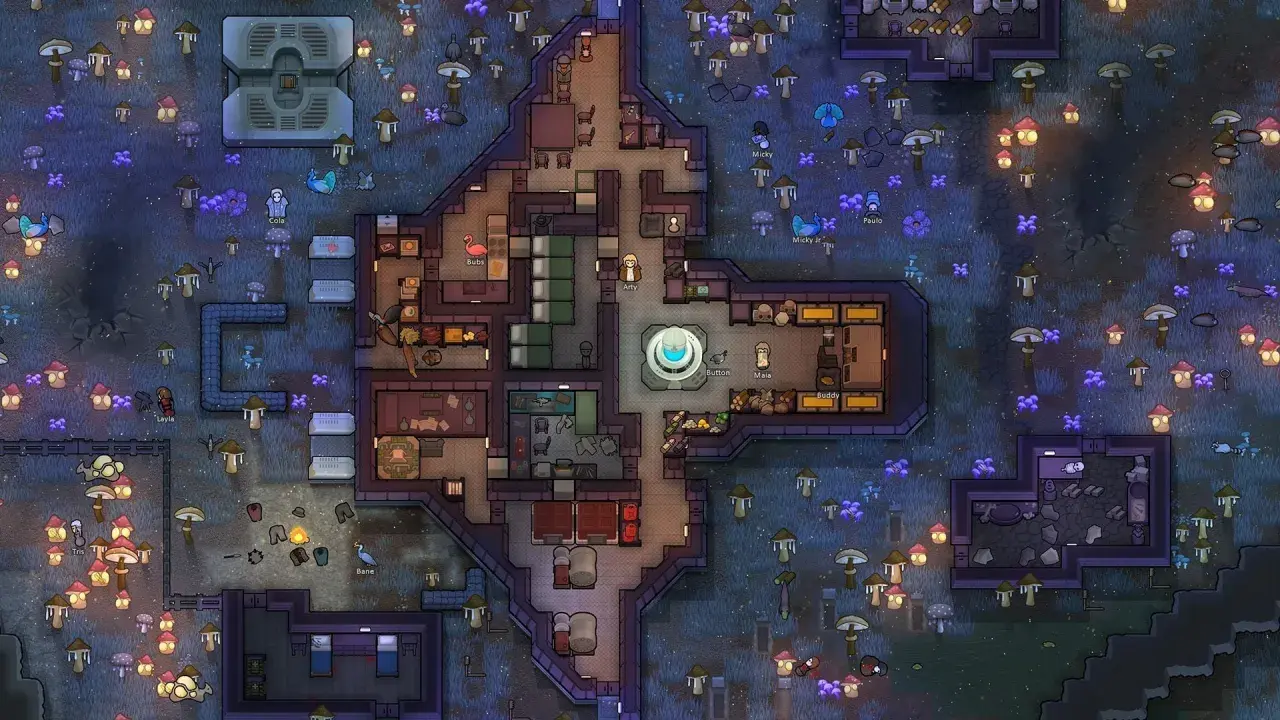 Kolonia w grze podobnej do Rimworld. Koloniści budują bazę wśród świecących grzybów i niebieskich roślin.