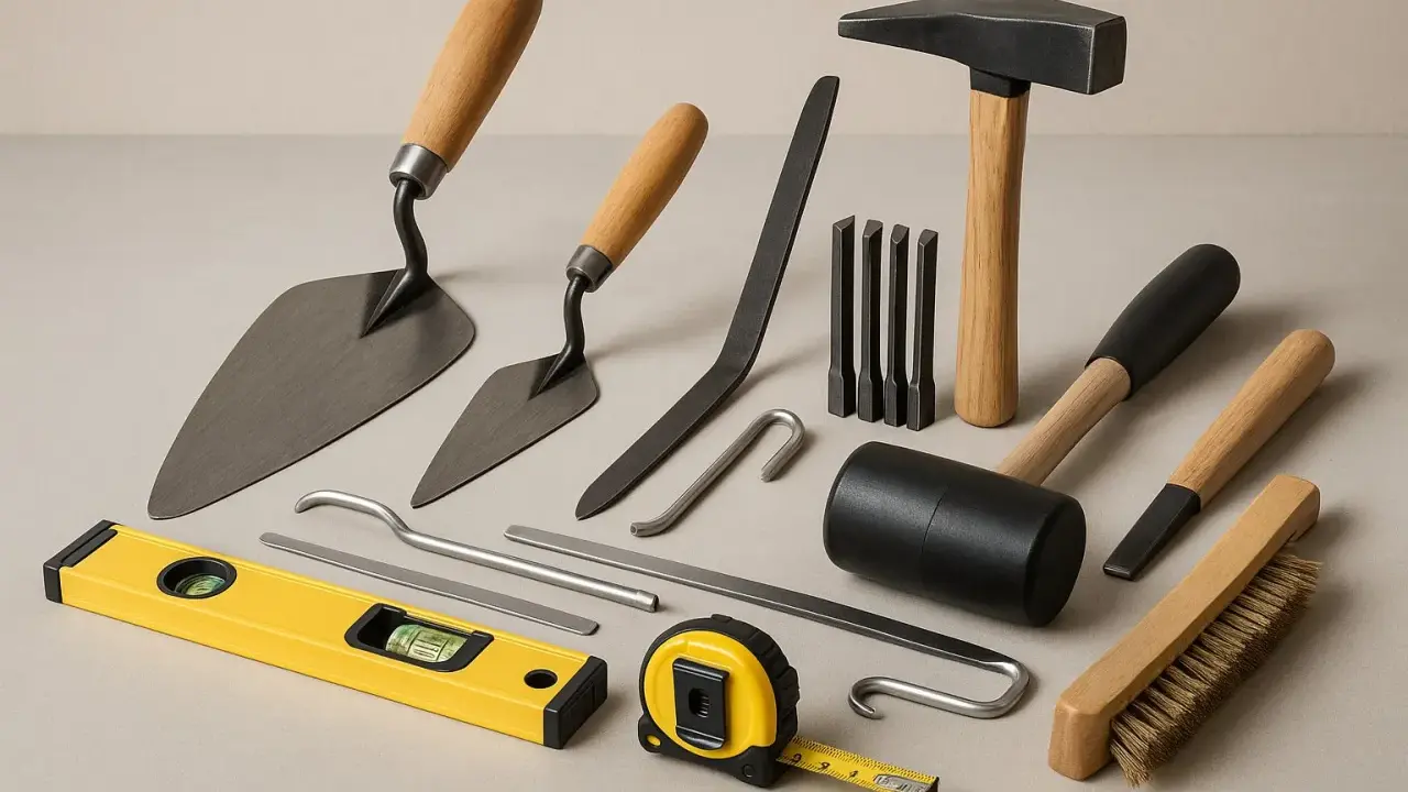 Conjunto de herramientas de albañilería y carpintería, incluyendo paletas, martillo, cinceles, nivel, cinta métrica y cepillo. Estos instrumentos de medición y trabajo son esenciales para cualquier proyecto.