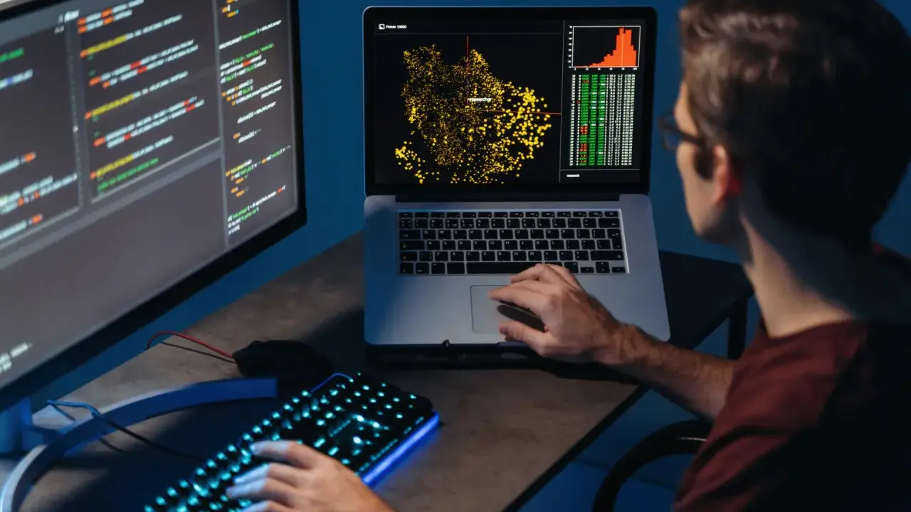 Młody big data engineer analizuje dane na ekranach, tworząc wizualizacje i pisząc kod.