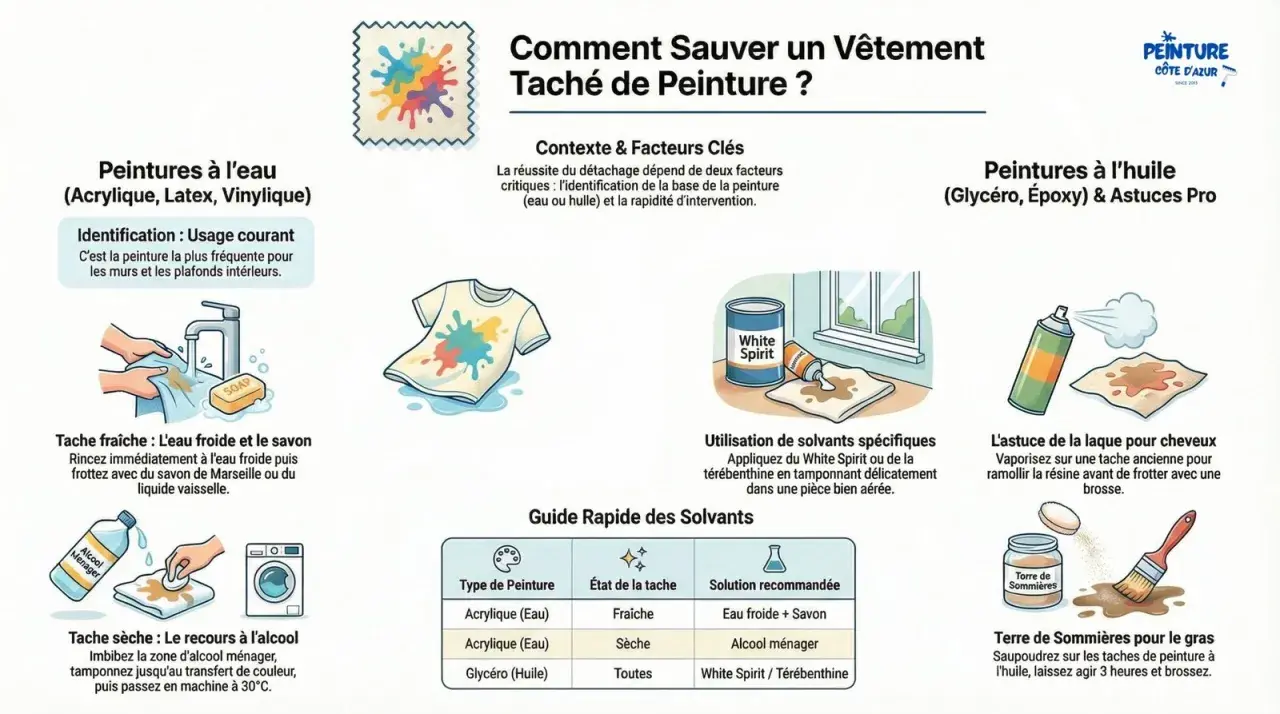 Guide pour comment enlever de la peinture sur un vêtement : eau froide et savon pour les taches fraîches, alcool ménager pour les sèches, et White Spirit pour les peintures à l'huile.