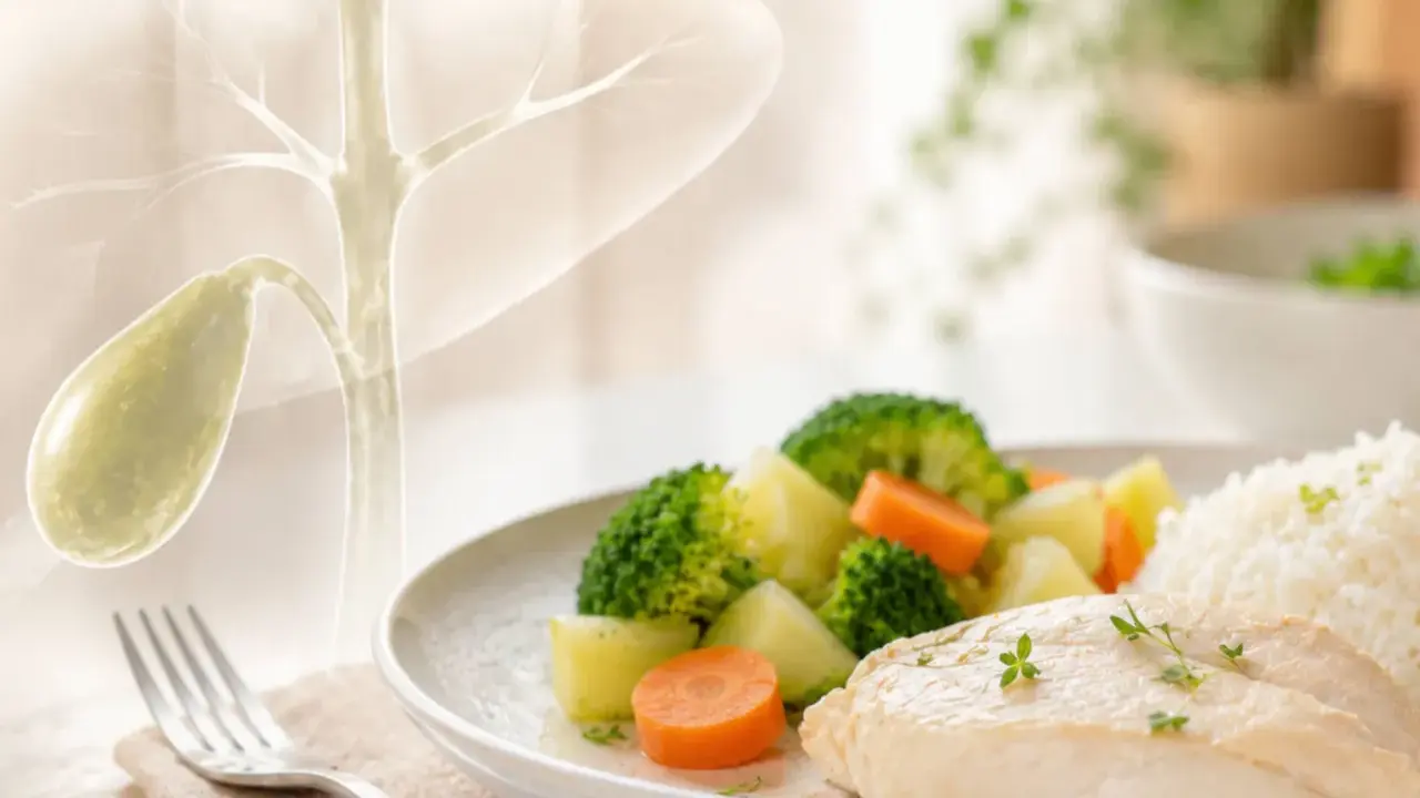 Lekki posiłek z kurczakiem, ryżem i warzywami. Idealny dla osób dbających o dietę przy woreczku żółciowym.