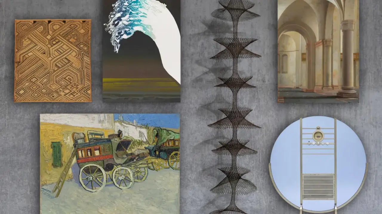 A curated selection from the David Geffen art collection, featuring diverse artworks including a woven textile, abstract paintings, a classical architectural scene, and a unique wire sculpture.