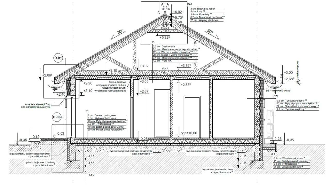 Przekrój budynku z detalami konstrukcyjnymi, uwzględniający projekt architektoniczno budowlany.