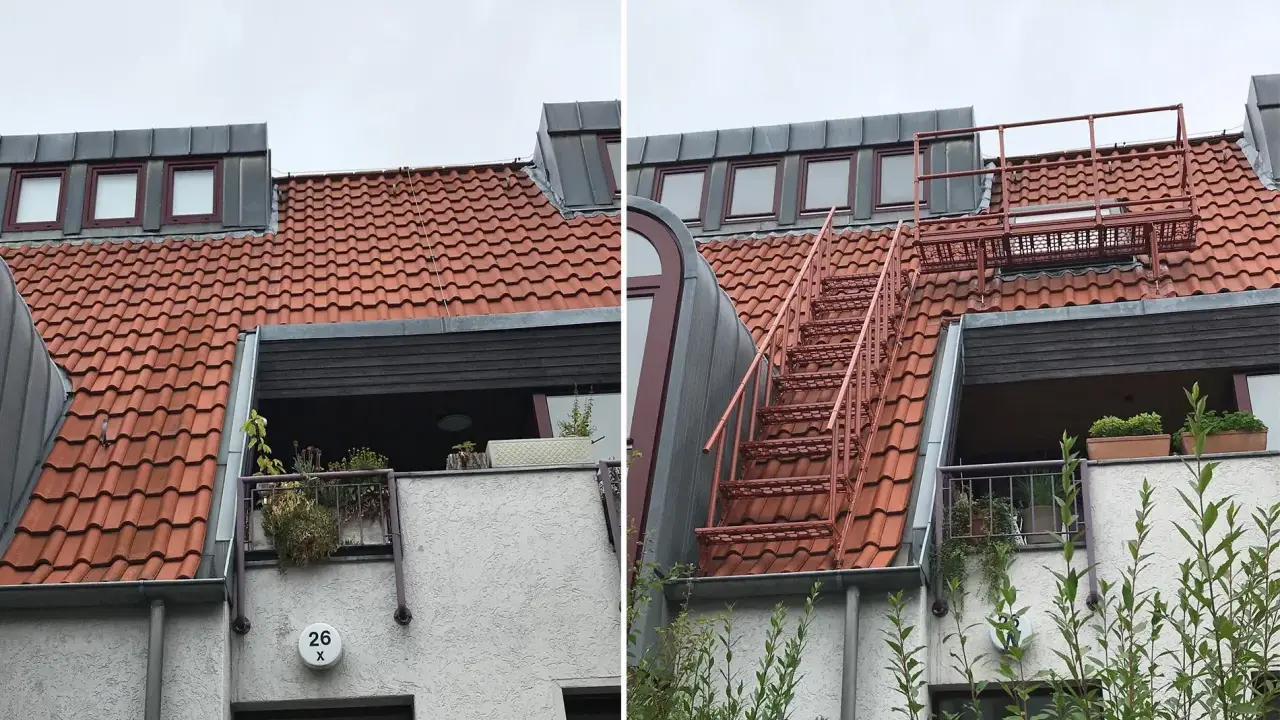 Rote Metalltreppe führt zu einem Dachfenster. Dies ist der 2. Rettungsweg für das Einfamilienhaus.
