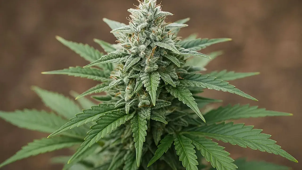Kwiatostan odmiany White Widow, pokryty białym, krystalicznym oszronieniem, otoczony zielonymi liśćmi.