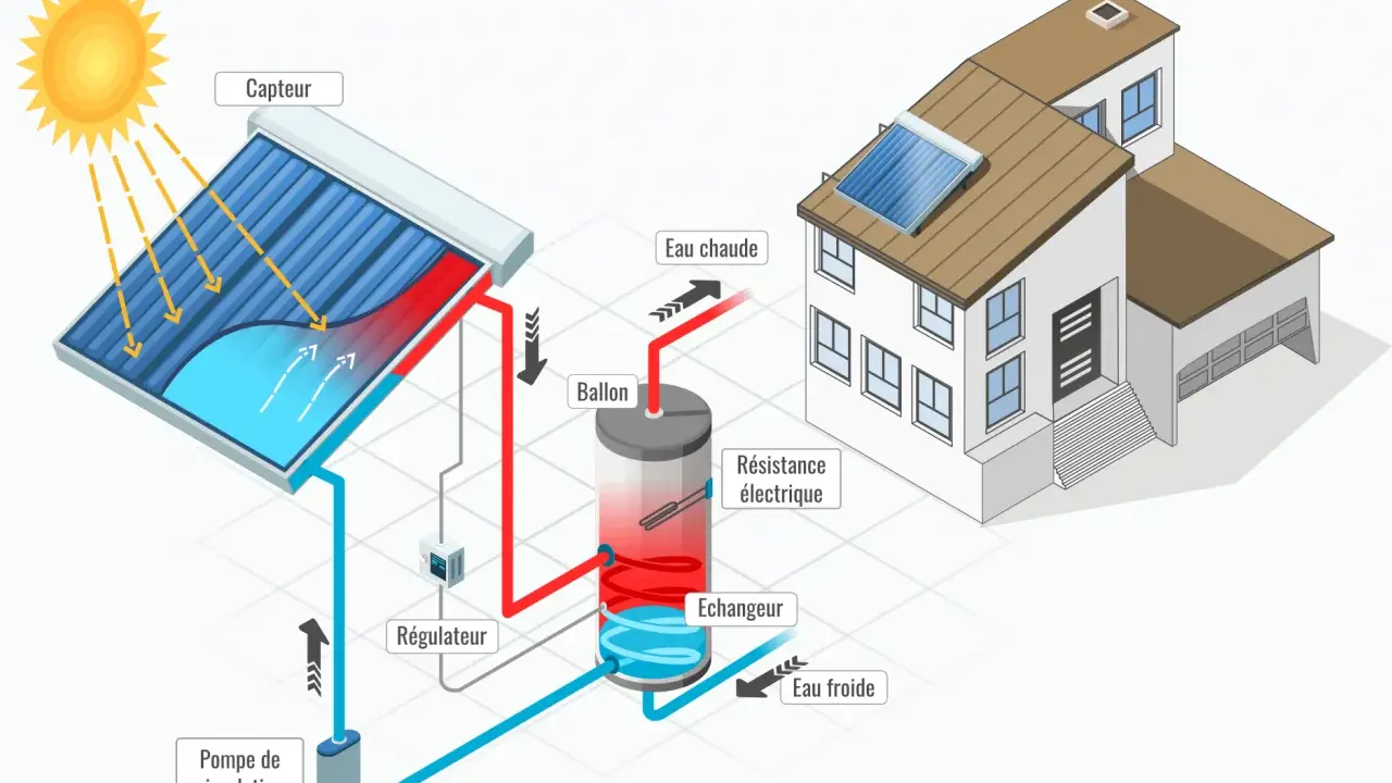 Schéma d'un système de chauffage solaire thermique : le soleil chauffe l'eau dans un capteur, qui circule vers un ballon de stockage.