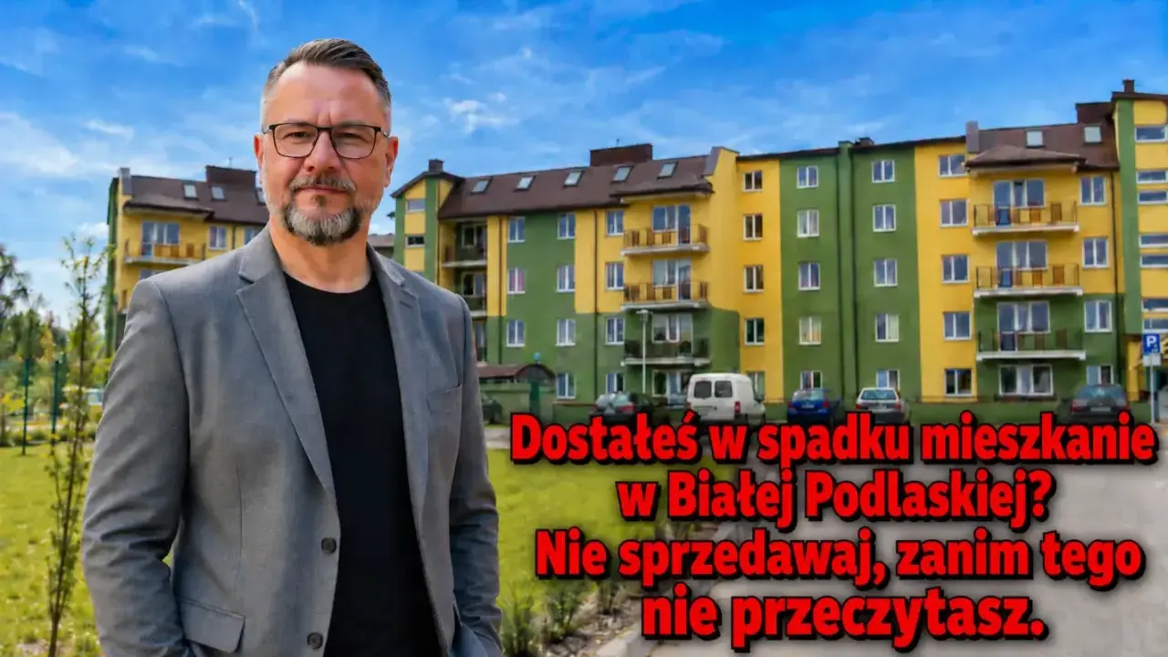 Mężczyzna w garniturze przed blokiem. Porada dotycząca sprzedaży mieszkania ze spadku przed upływem 5 lat w Białej Podlaskiej.