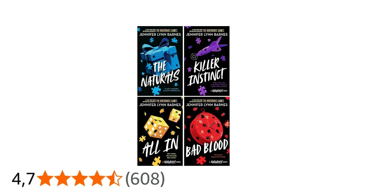 Copertine dei libri "The Naturals", "Killer Instinct", "All In" e "Bad Blood" di Jennifer Lynn Barnes. La serie "The Naturals" esplora le menti dei serial killer.