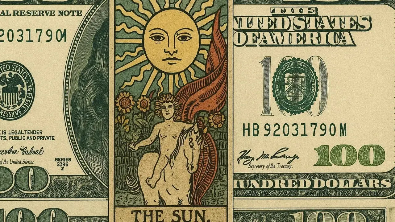 Karta tarota "Słońce" na tle banknotu 100 dolarów. Symbolizuje bogactwo i sukces, jak karta 10 monet.