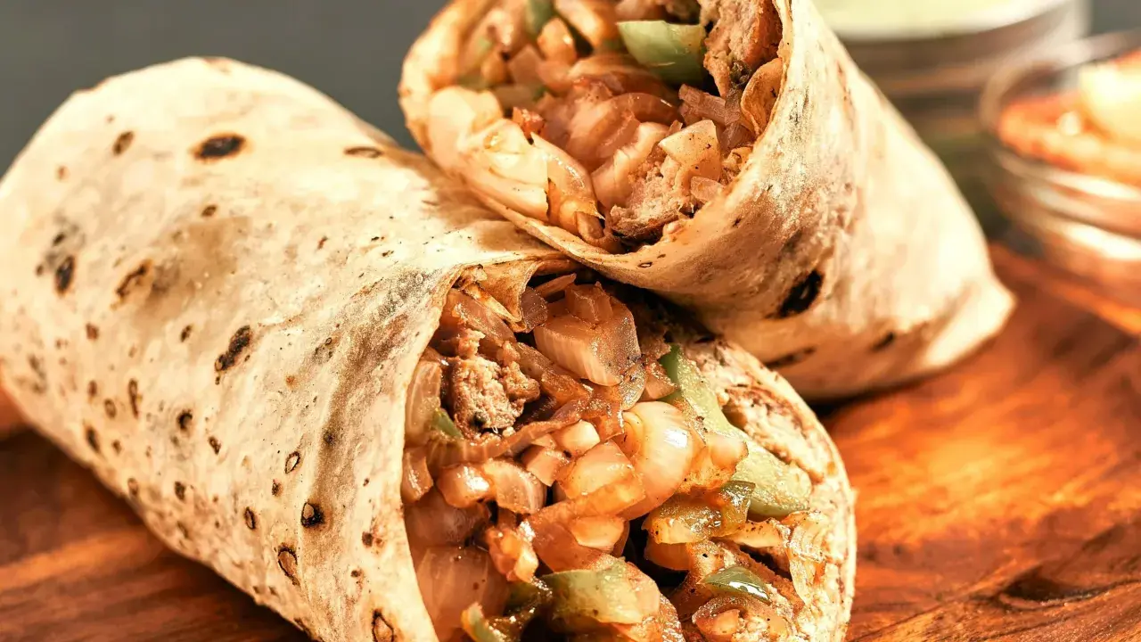 Dwa burrito z mięsem, cebulą i papryką. Idealne przyprawy do burrito to te, które podkreślą smak farszu.