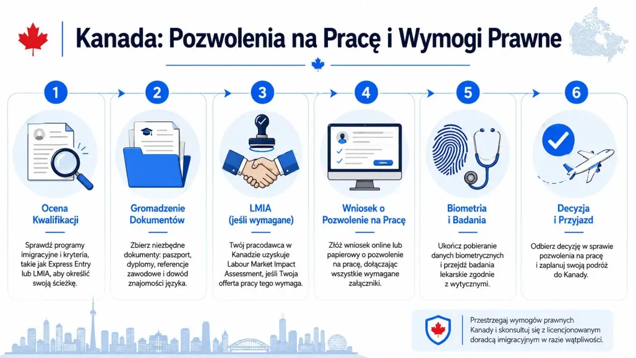 Proces uzyskania pozwolenia na pracę w Kanadzie: ocena kwalifikacji, gromadzenie dokumentów, LMIA, wniosek, biometria i badania, decyzja i przyjazd.
