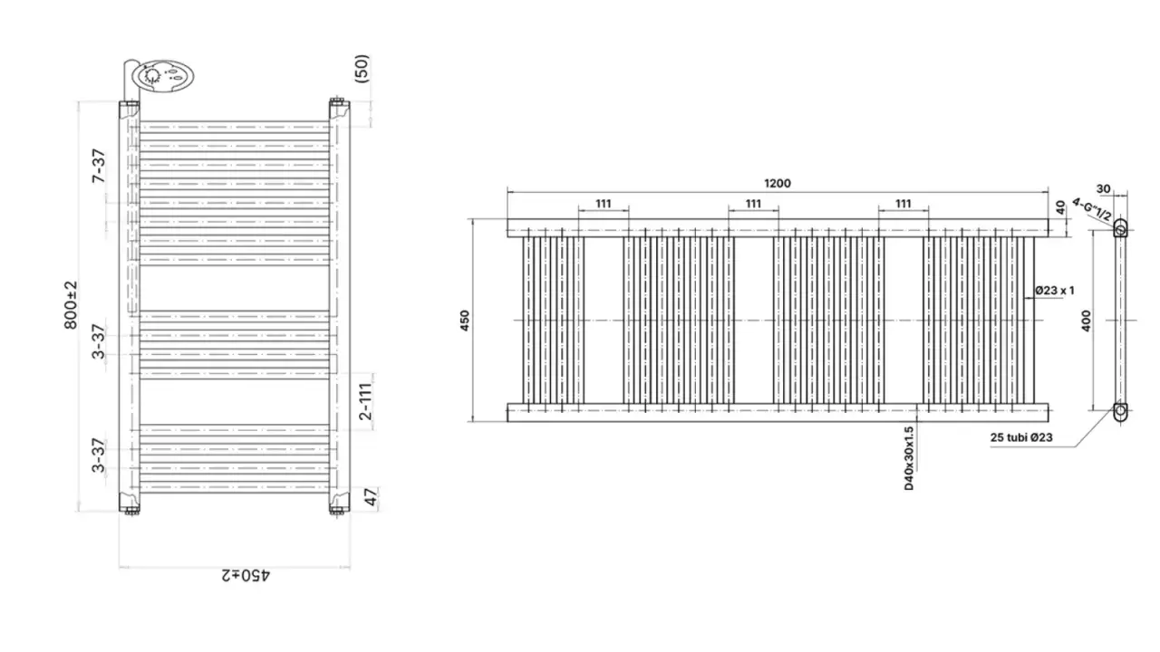 Disegno tecnico di un termoarredo, con misure dettagliate (800x450 mm), ideale per valutare lo spazio sopra il bidet.
