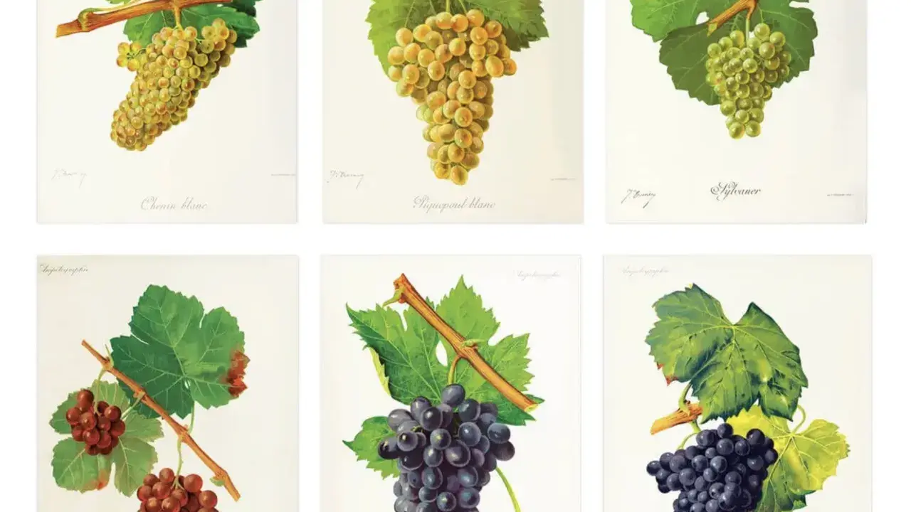 Six illustrations de grappes de raisin, dont un cepage rouge. Les raisins varient en couleur, du blanc au vert, puis au rouge et au violet foncé.